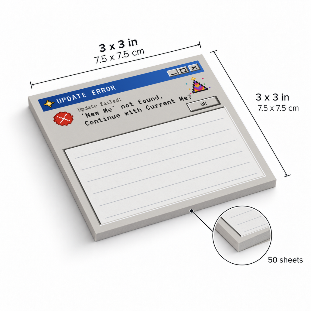 Pixel Update Error sticky note pad with retro computer graphics, shown as 3 x 3 inches with 50 lined sheets.