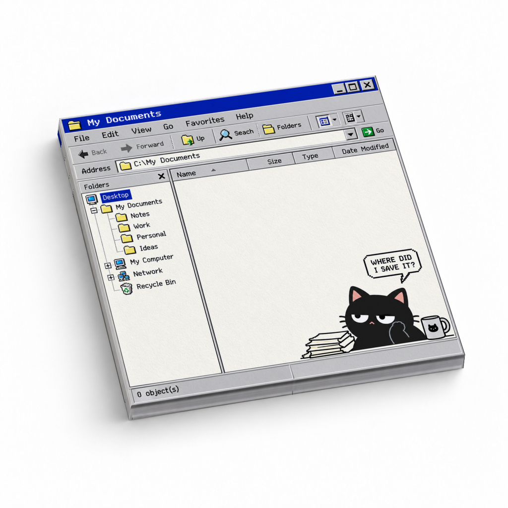 Retro Computer Black Cat sticky note pad styled as a My Documents window with a “Where did I save it?” caption.