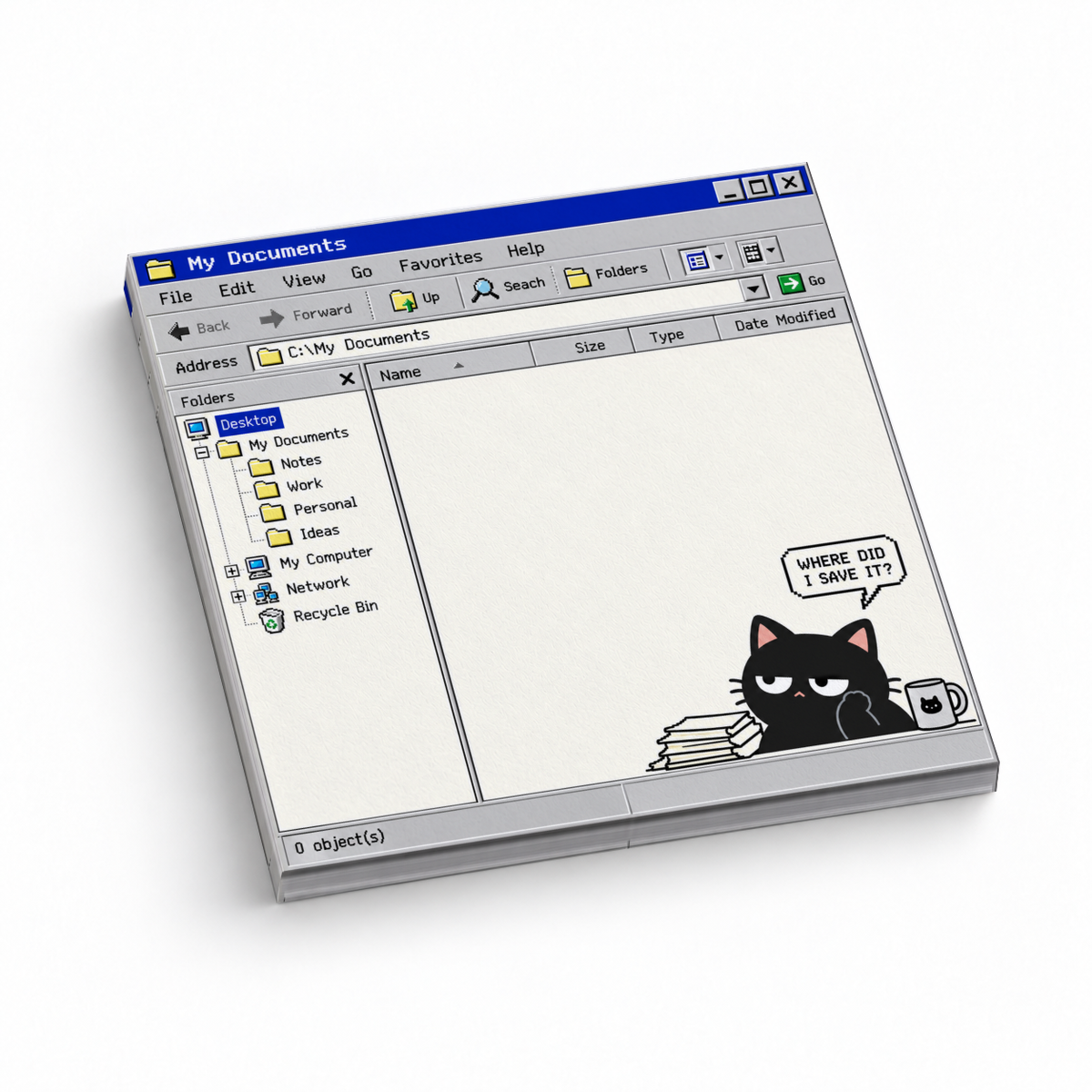 Retro Computer Black Cat sticky note pad styled as a My Documents window with a “Where did I save it?” caption.