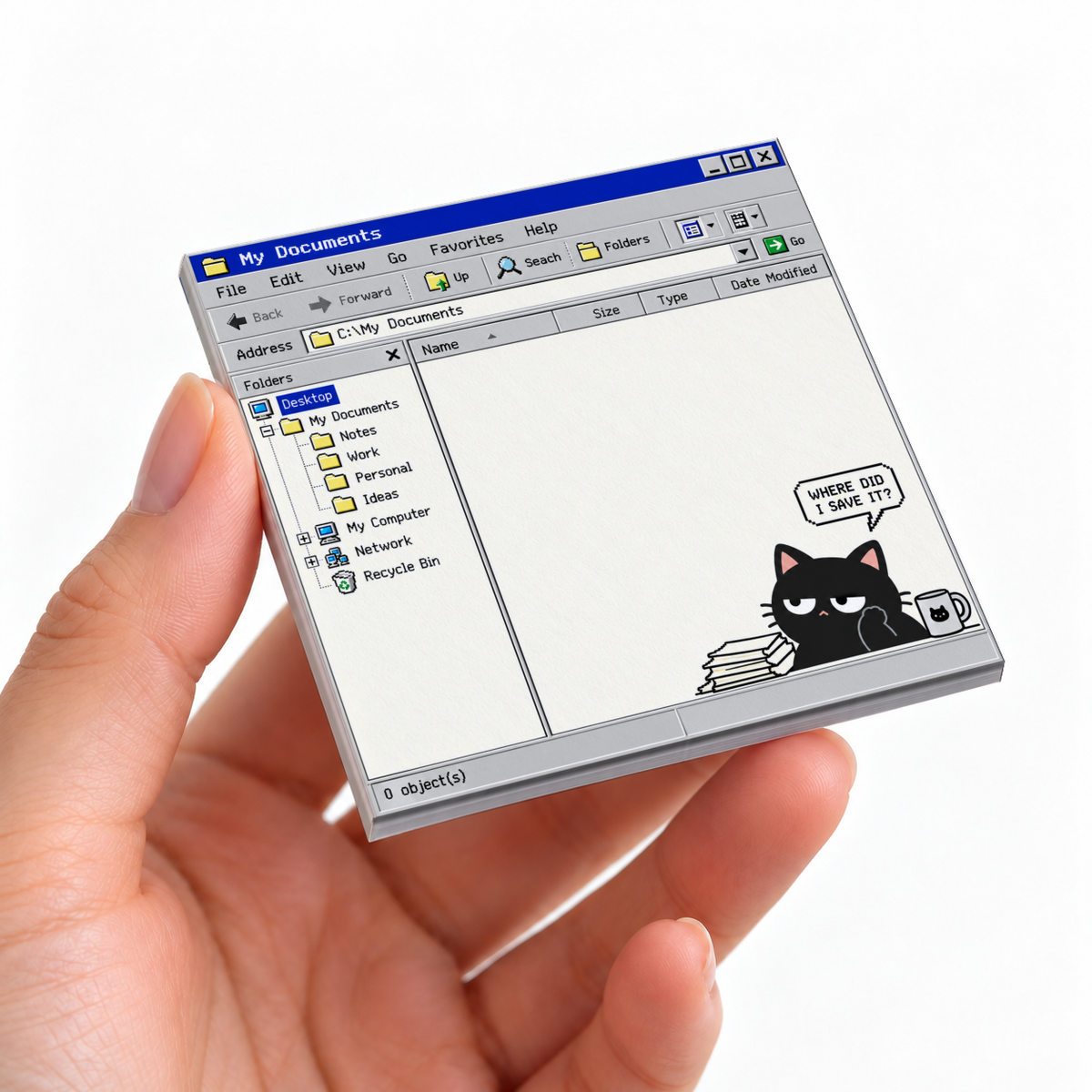 Hand holding a retro computer black cat sticky note pad styled as a file browser with a “Where did I save it?” caption.