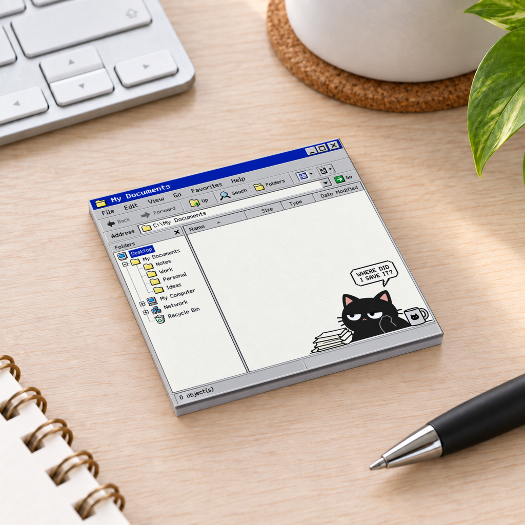 Retro computer black cat sticky note pad on a wooden desk beside a keyboard, pen, and plant.