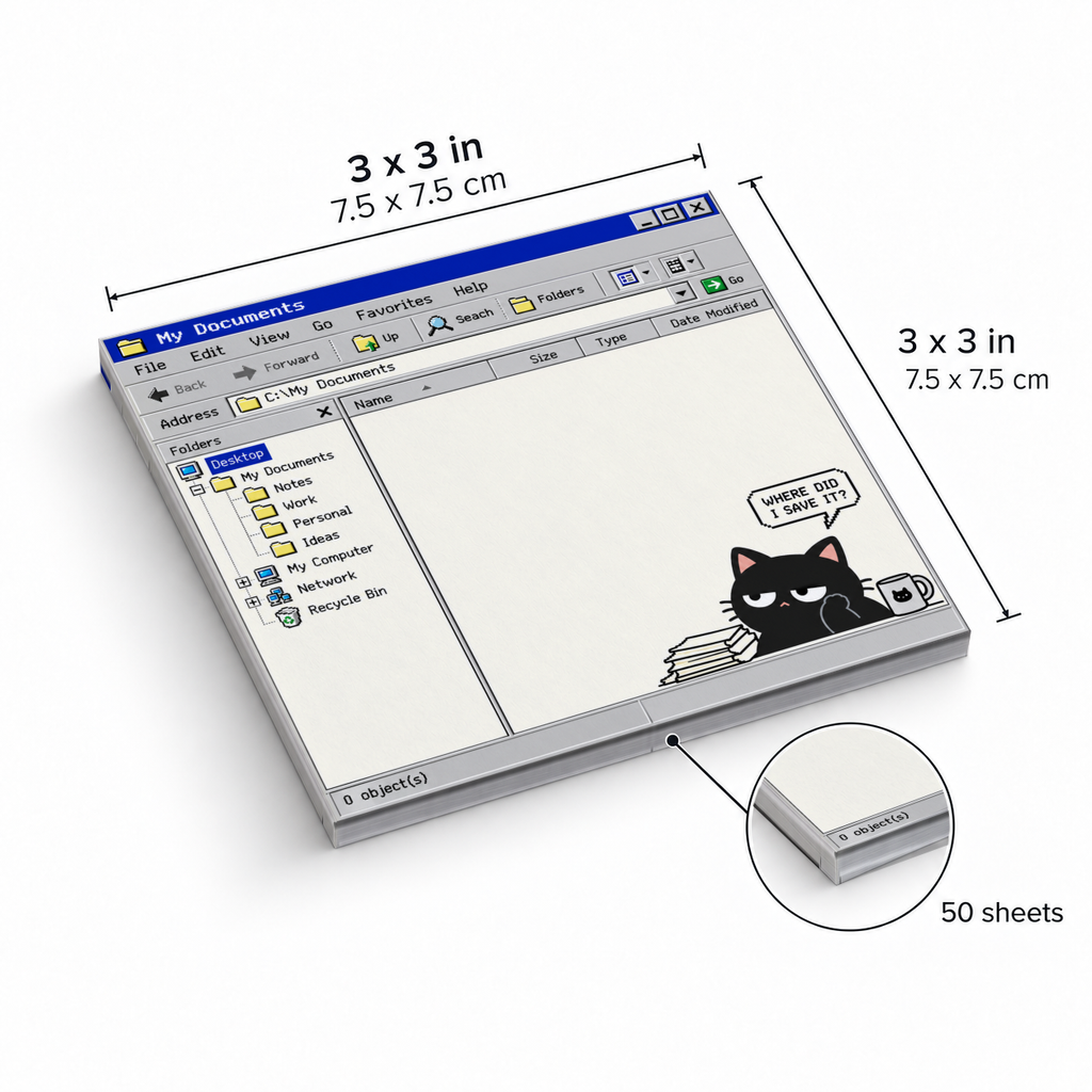 Retro computer black cat sticky note pad measuring 3 x 3 inches, with 50 sheets.