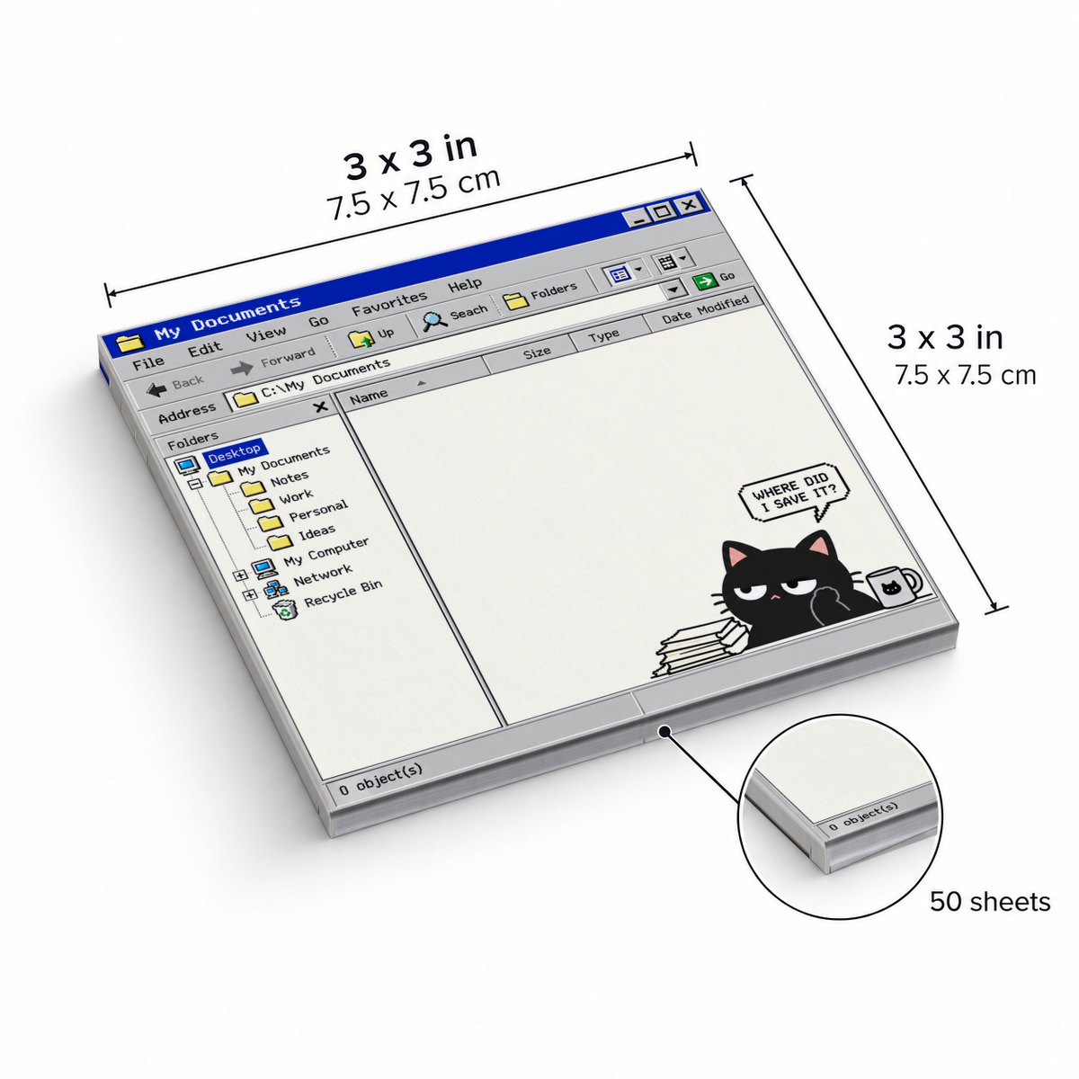 Retro computer black cat sticky note pad measuring 3 x 3 inches, with 50 sheets.