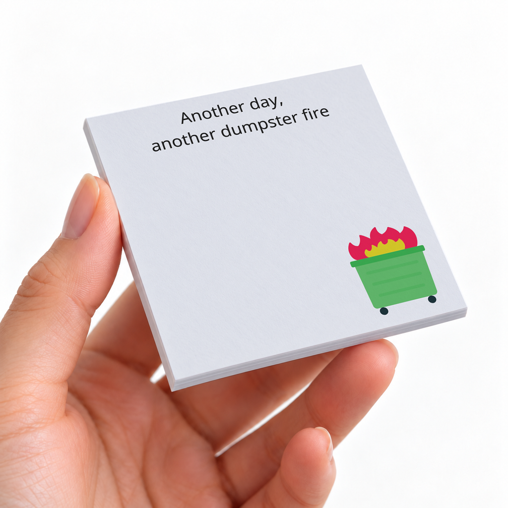 Dumpster Fire sticky note pad on a desk with stationery