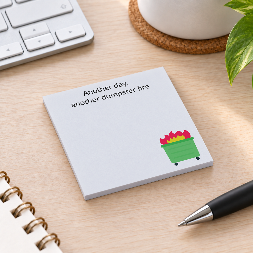 Close-up of Dumpster Fire sticky note design and writable area