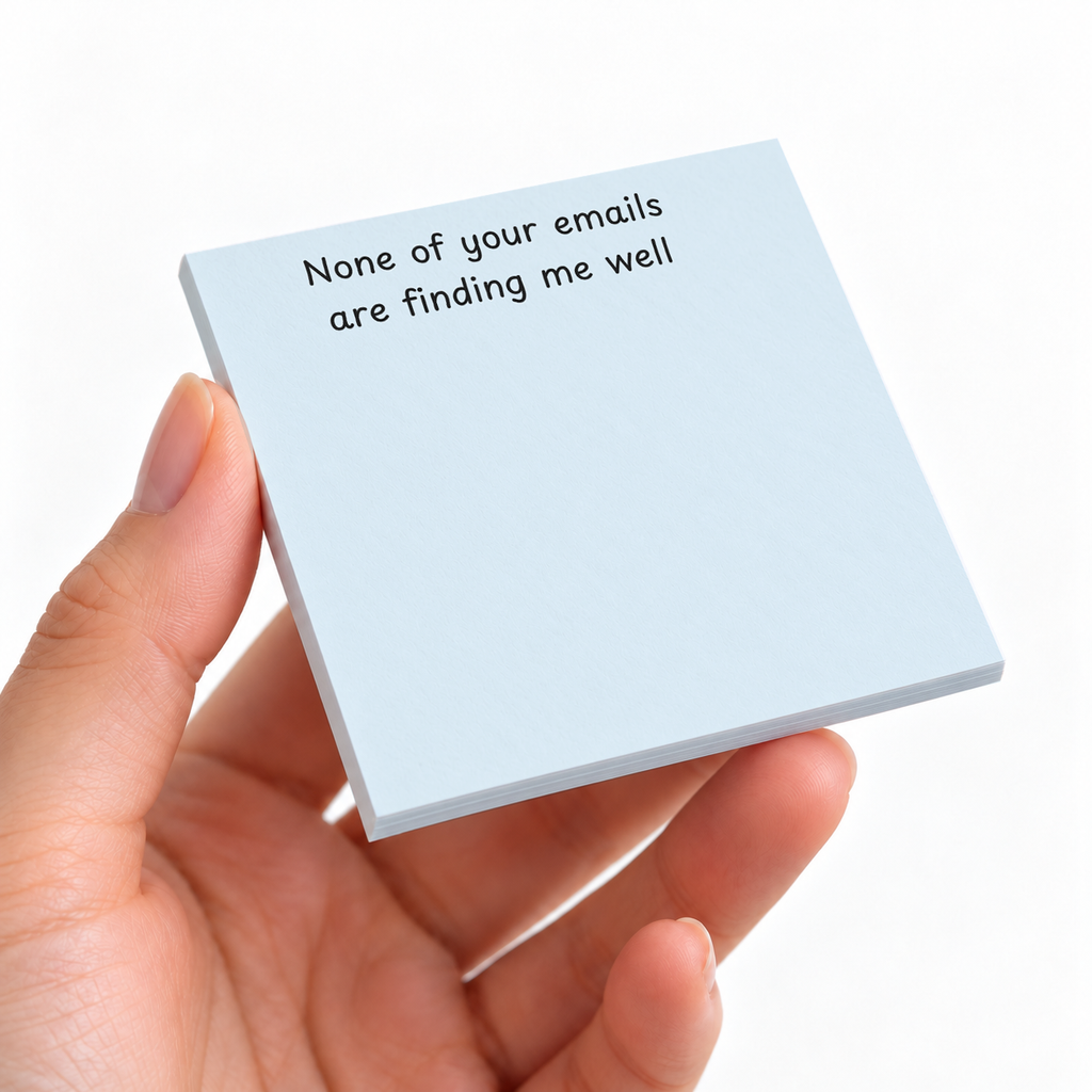 Email Snark Funny sticky note pad on a desk with stationery