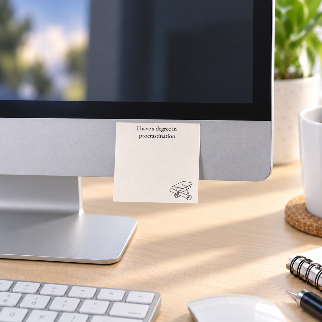 Degree in Procrastination memo pad in an office or home workspace