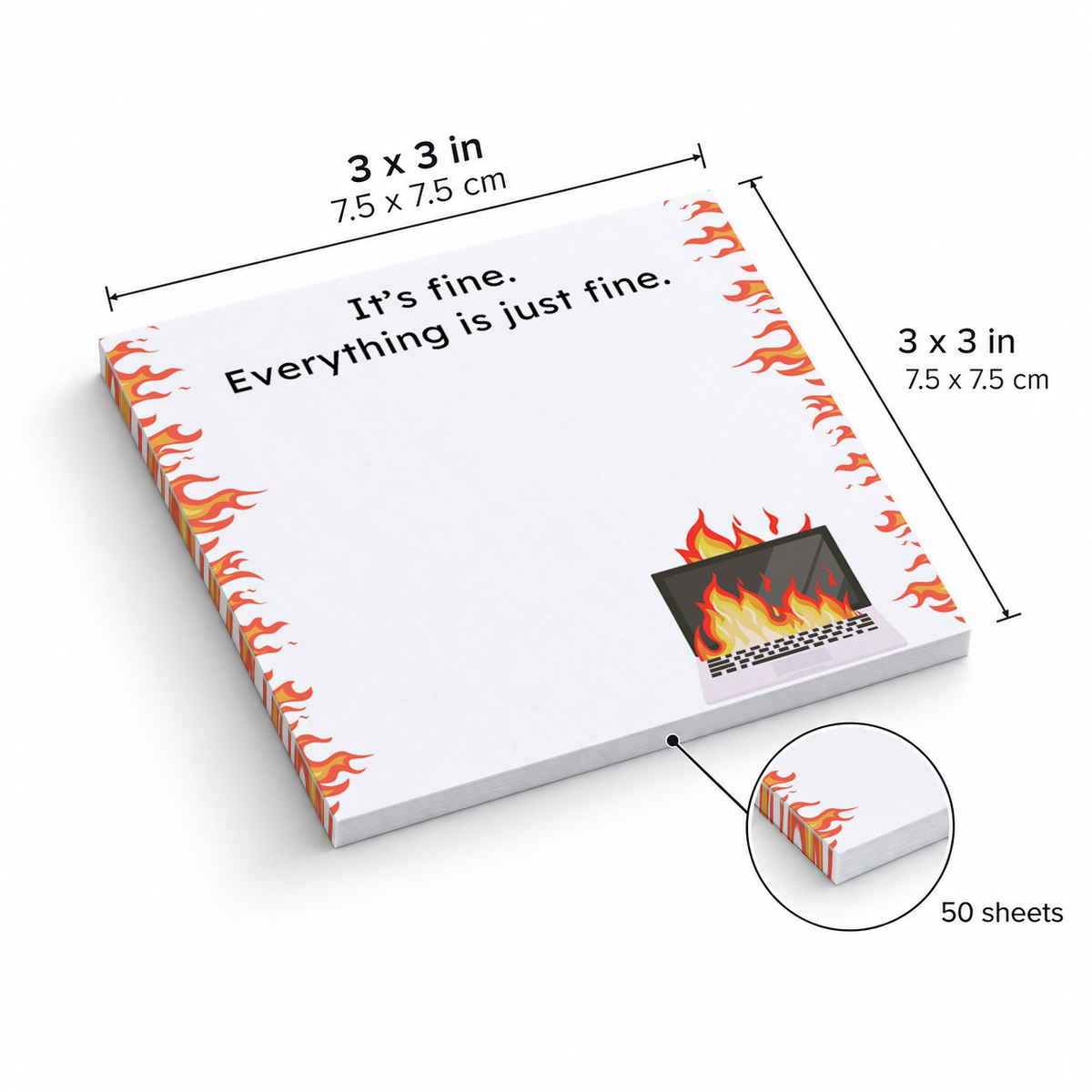 "Everything is Fine" Flaming Laptop sticky notes, 3x3 in (7.5 x 7.5 cm), 50 sheets