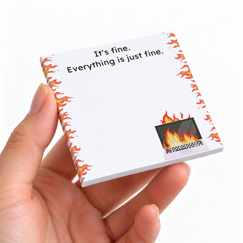 "Everything is Fine" Flaming Laptop sticky note pad on a desk with stationery