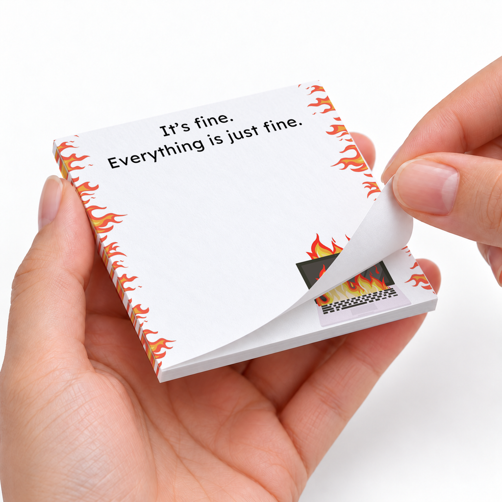 "Everything is Fine" Flaming Laptop sticky notes styled with a planner and desk accessories