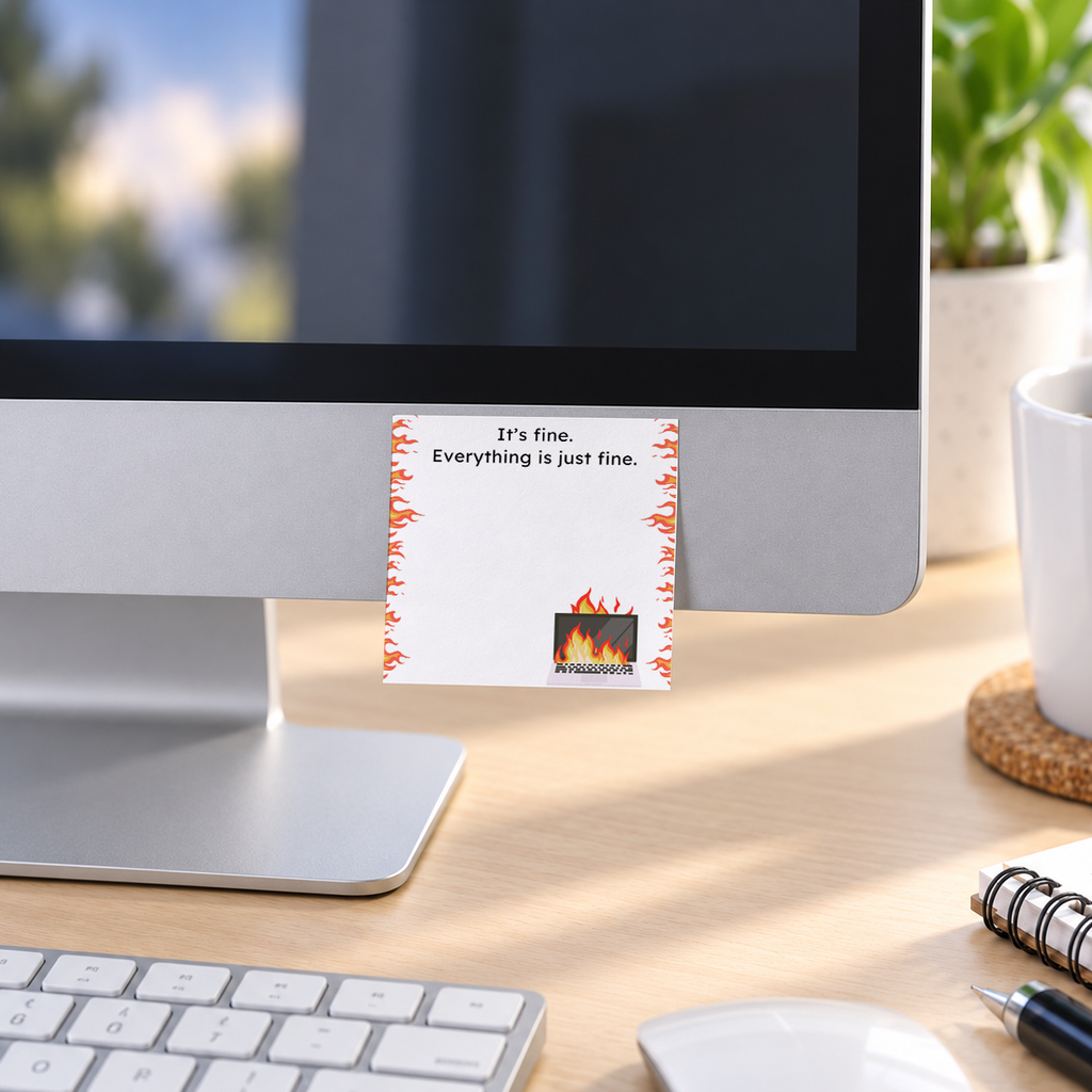 "Everything is Fine" Flaming Laptop memo pad in an office or home workspace