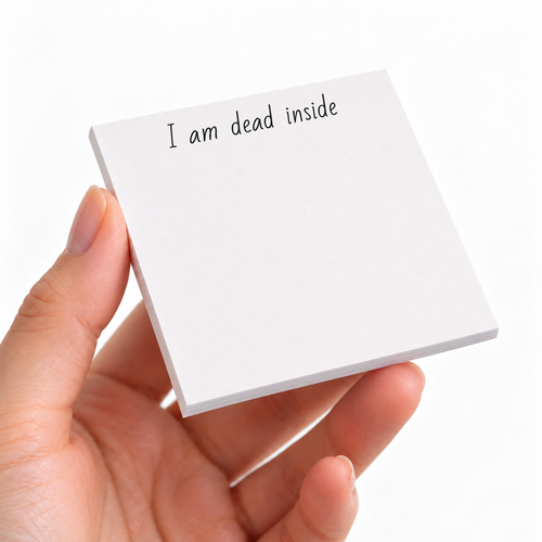 "I Am Dead Inside" Minimalist Funny sticky note pad on a desk with stationery