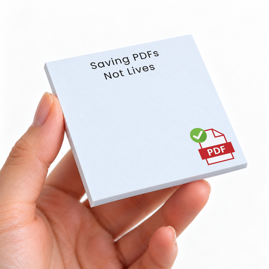 Saving PDFs Not Lives Funny Office sticky note pad on a desk with stationery