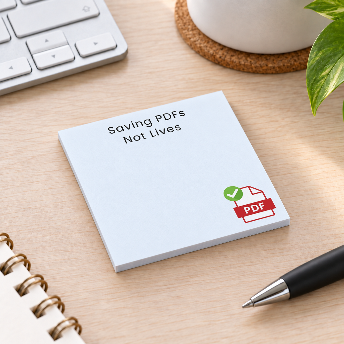 Close-up of Saving PDFs Not Lives Funny Office sticky note design and writable area