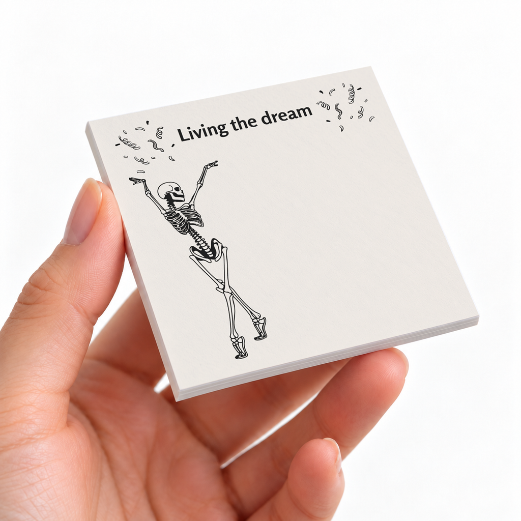 Living the Dream Dancing Skeleton sticky note pad on a desk with stationery