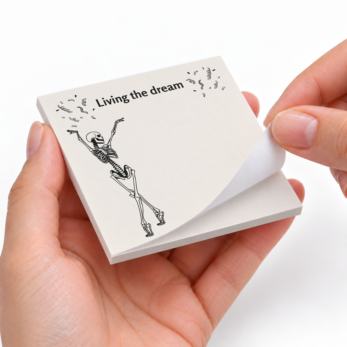 Living the Dream Dancing Skeleton sticky notes styled with a planner and desk accessories
