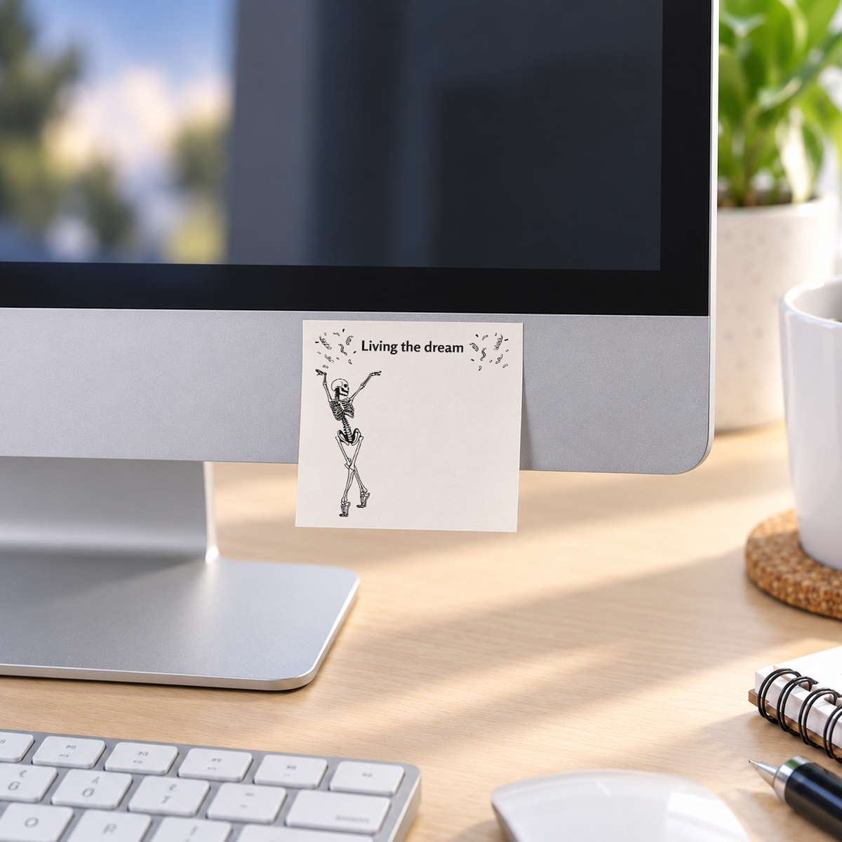Living the Dream Dancing Skeleton memo pad in an office or home workspace