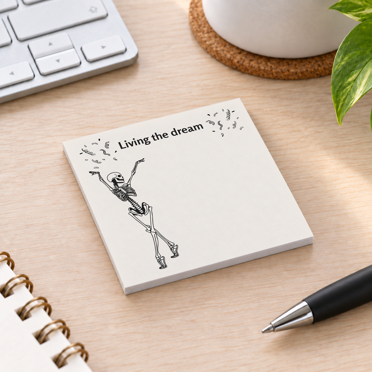 Close-up of Living the Dream Dancing Skeleton sticky note design and writable area