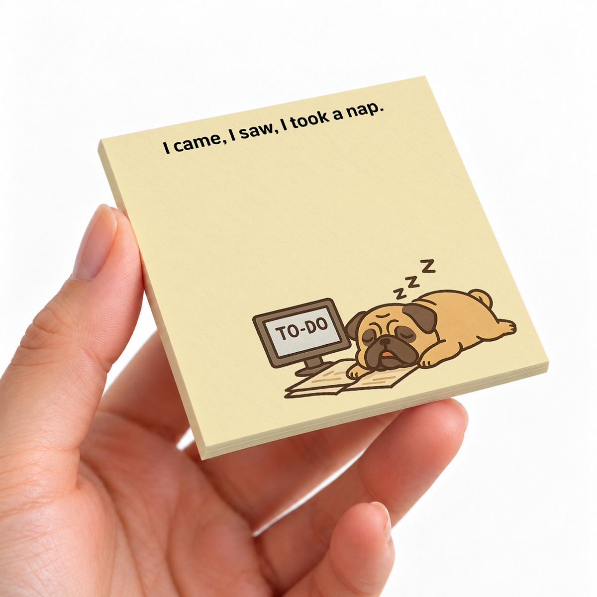 "I Took A Nap" Sleeping Pug sticky note pad on a desk with stationery