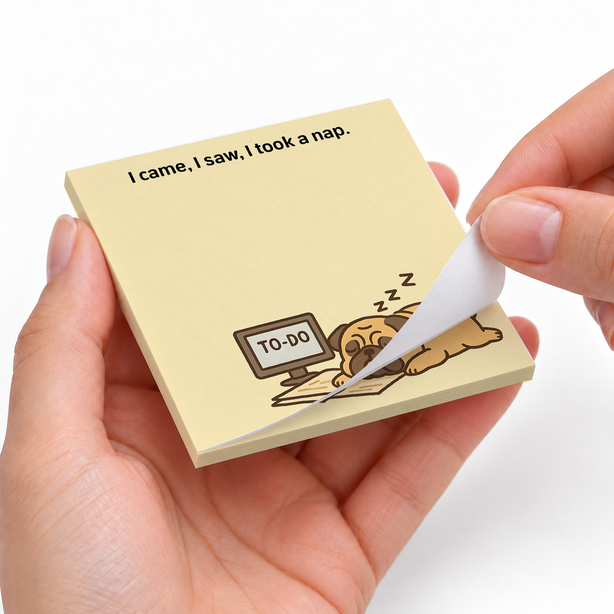 "I Took A Nap" Sleeping Pug sticky notes styled with a planner and desk accessories