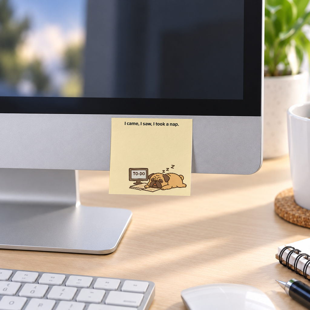 "I Took A Nap" Sleeping Pug memo pad in an office or home workspace