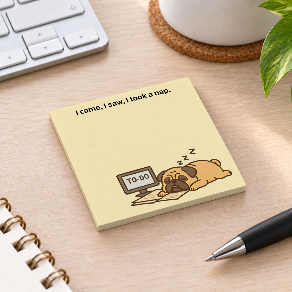 Close-up of "I Took A Nap" Sleeping Pug sticky note design and writable area