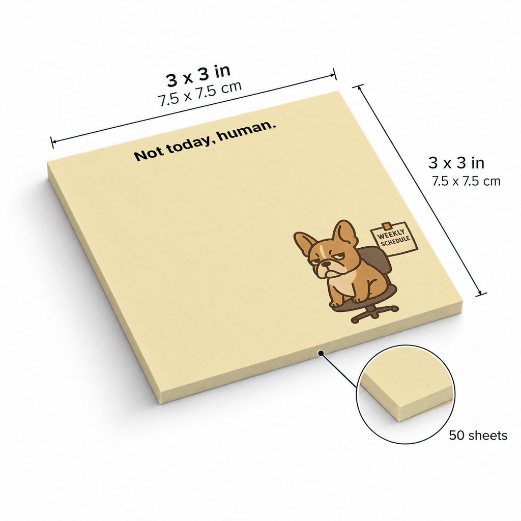 "Not Today Human" French Bulldog sticky notes, 3x3 in (7.5 x 7.5 cm), 50 sheets