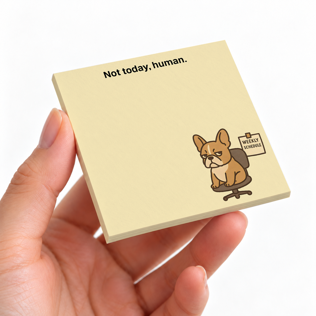 "Not Today Human" French Bulldog sticky note pad on a desk with stationery