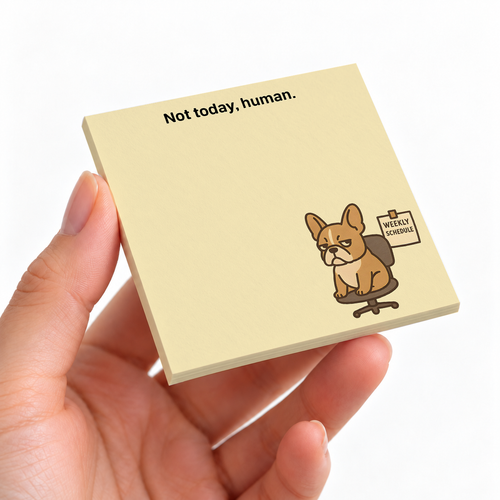 "Not Today Human" French Bulldog sticky note pad on a desk with stationery