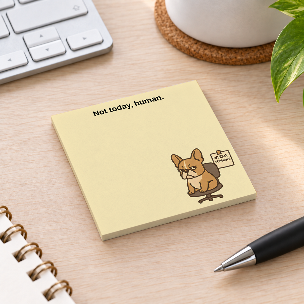 Close-up of "Not Today Human" French Bulldog sticky note design and writable area