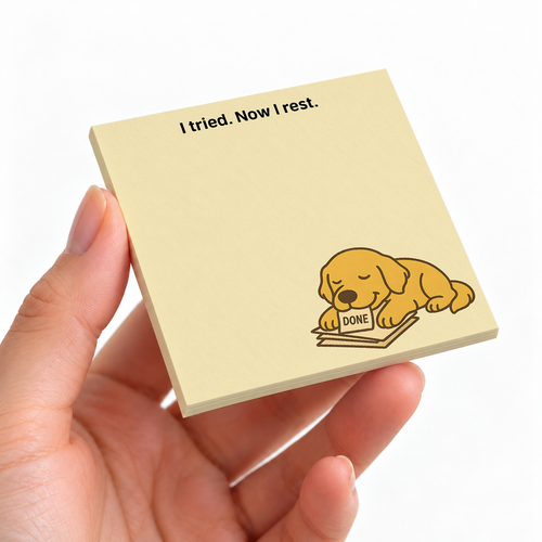 "Now I Rest" Golden Retriever sticky note pad on a desk with stationery