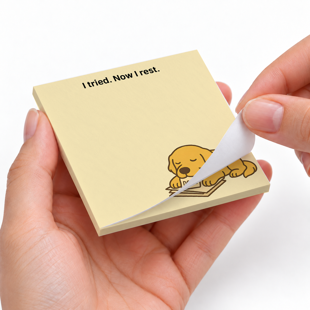 "Now I Rest" Golden Retriever sticky notes styled with a planner and desk accessories
