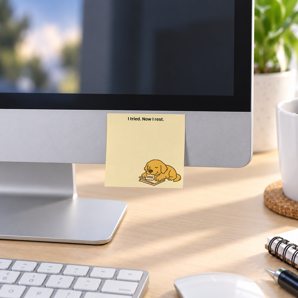 "Now I Rest" Golden Retriever memo pad in an office or home workspace