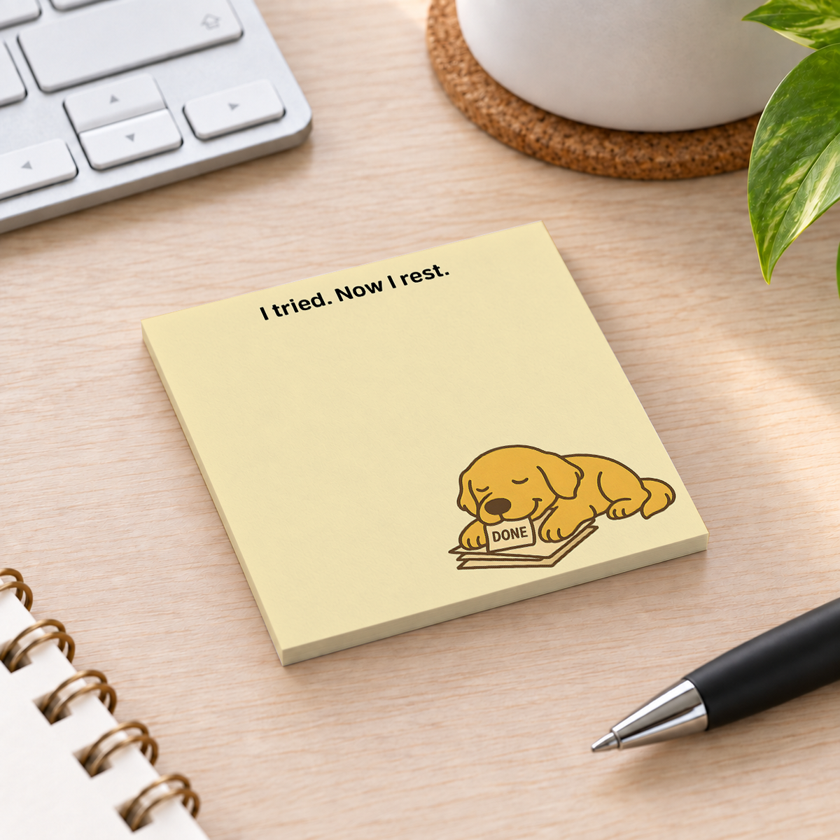 Close-up of "Now I Rest" Golden Retriever sticky note design and writable area
