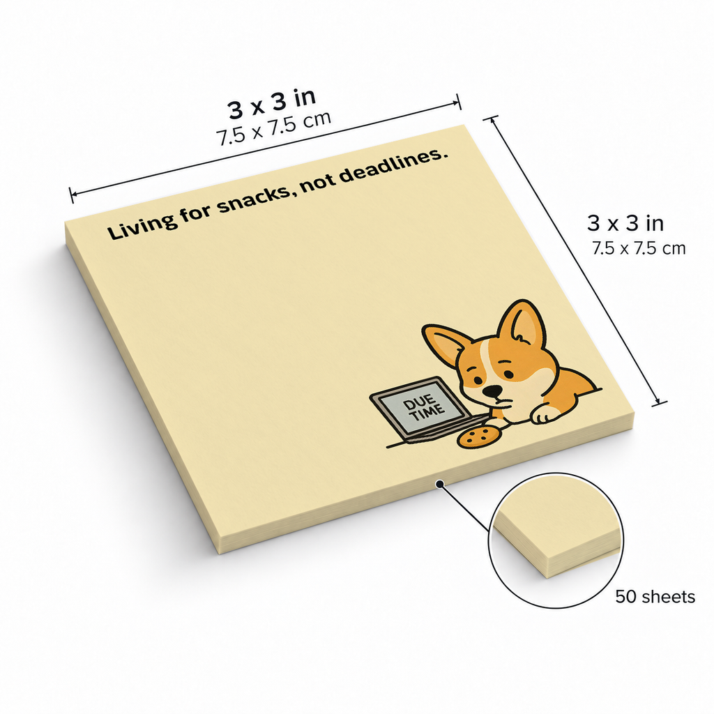 Corgi Snacks & Deadlines sticky notes, 3x3 in (7.5 x 7.5 cm), 50 sheets