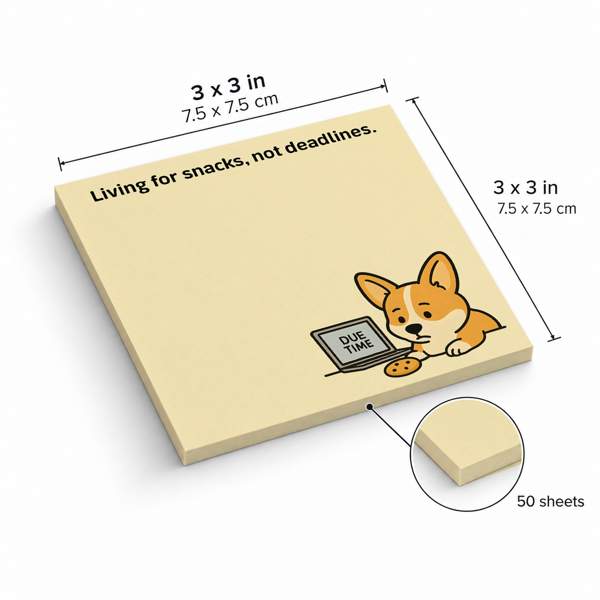 Corgi Snacks & Deadlines sticky notes, 3x3 in (7.5 x 7.5 cm), 50 sheets