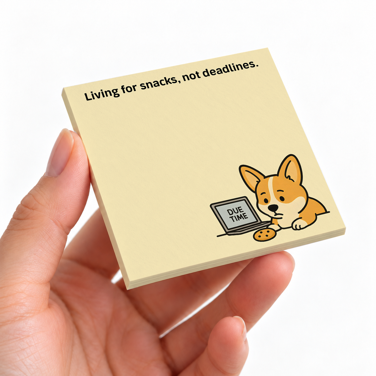 Corgi Snacks & Deadlines sticky note pad on a desk with stationery