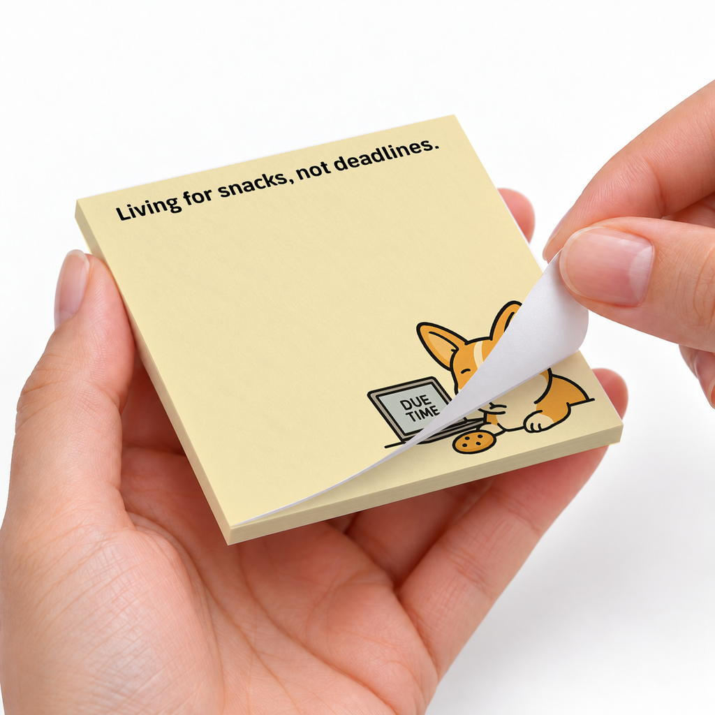 Corgi Snacks & Deadlines sticky notes styled with a planner and desk accessories