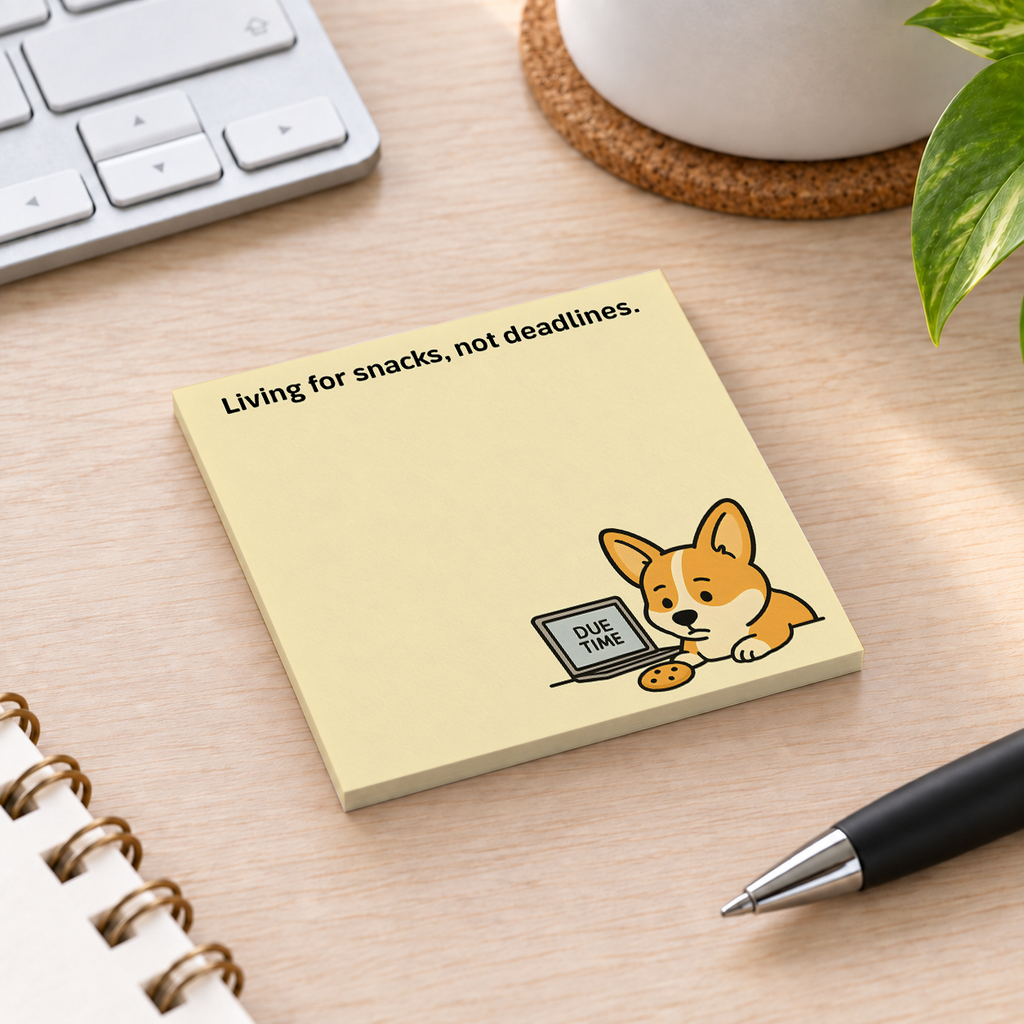 Close-up of Corgi Snacks & Deadlines sticky note design and writable area