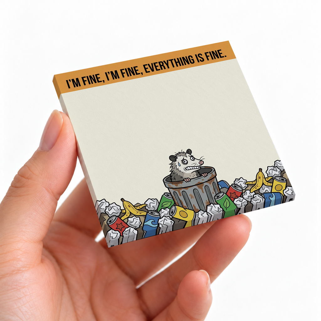I'm Fine Opossum sticky note pad on a desk with stationery