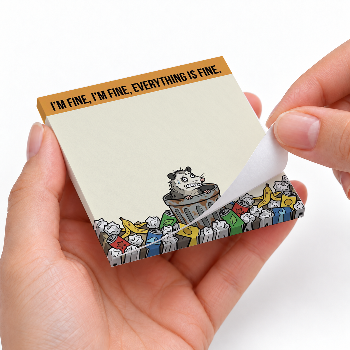 I'm Fine Opossum sticky notes styled with a planner and desk accessories