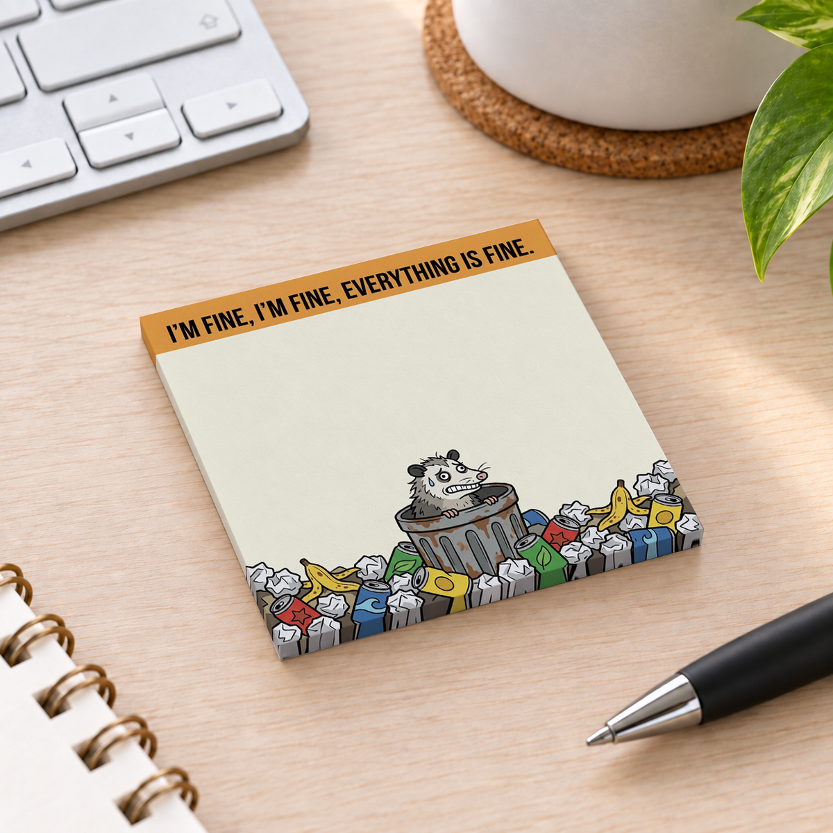 Close-up of I'm Fine Opossum sticky note design and writable area
