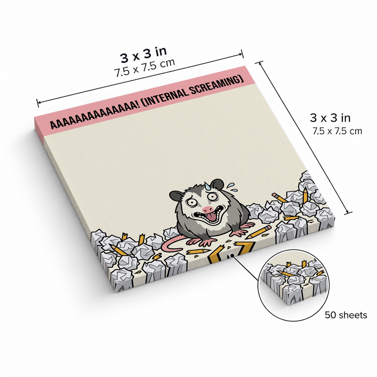 Internal Screaming Opossum sticky notes, 3x3 in (7.5 x 7.5 cm), 50 sheets