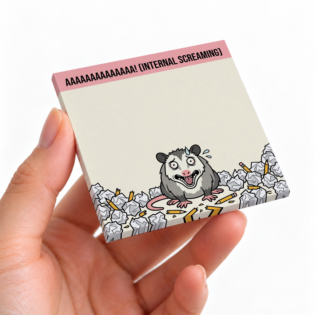 Internal Screaming Opossum sticky note pad on a desk with stationery