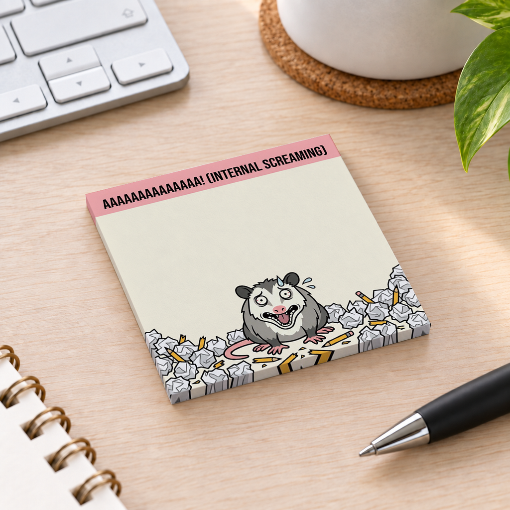 Close-up of Internal Screaming Opossum sticky note design and writable area