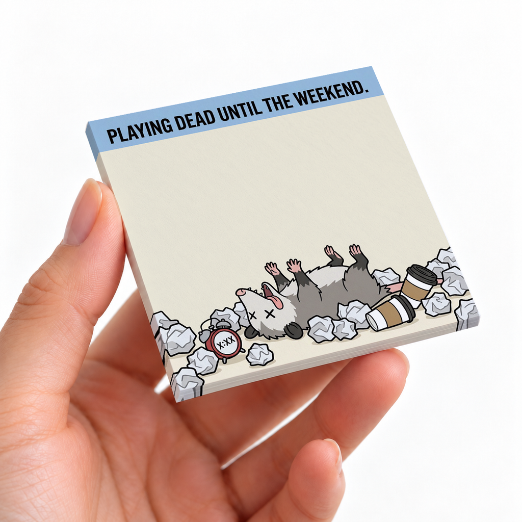Playing Dead Opossum sticky note pad on a desk with stationery