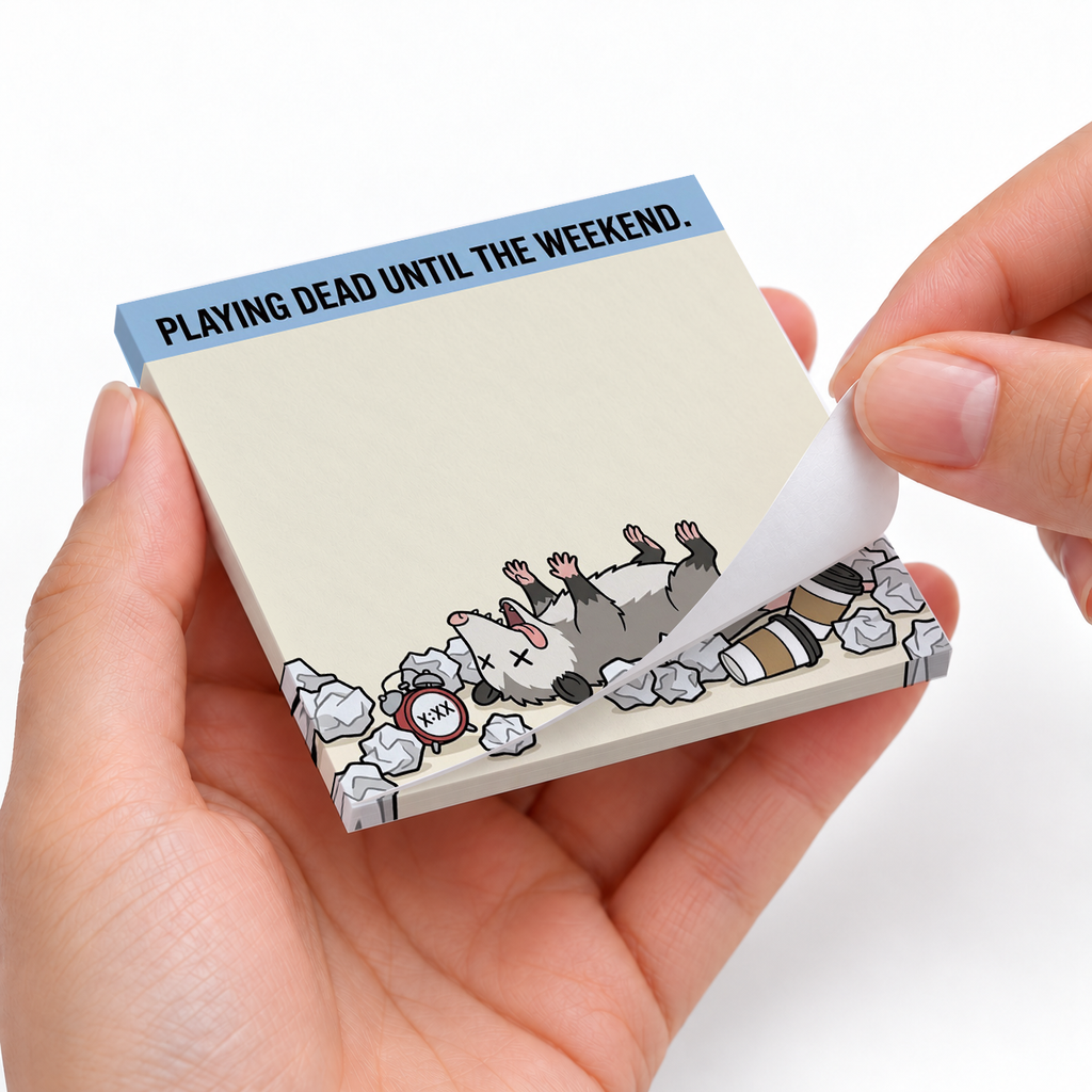 Playing Dead Opossum sticky notes styled with a planner and desk accessories