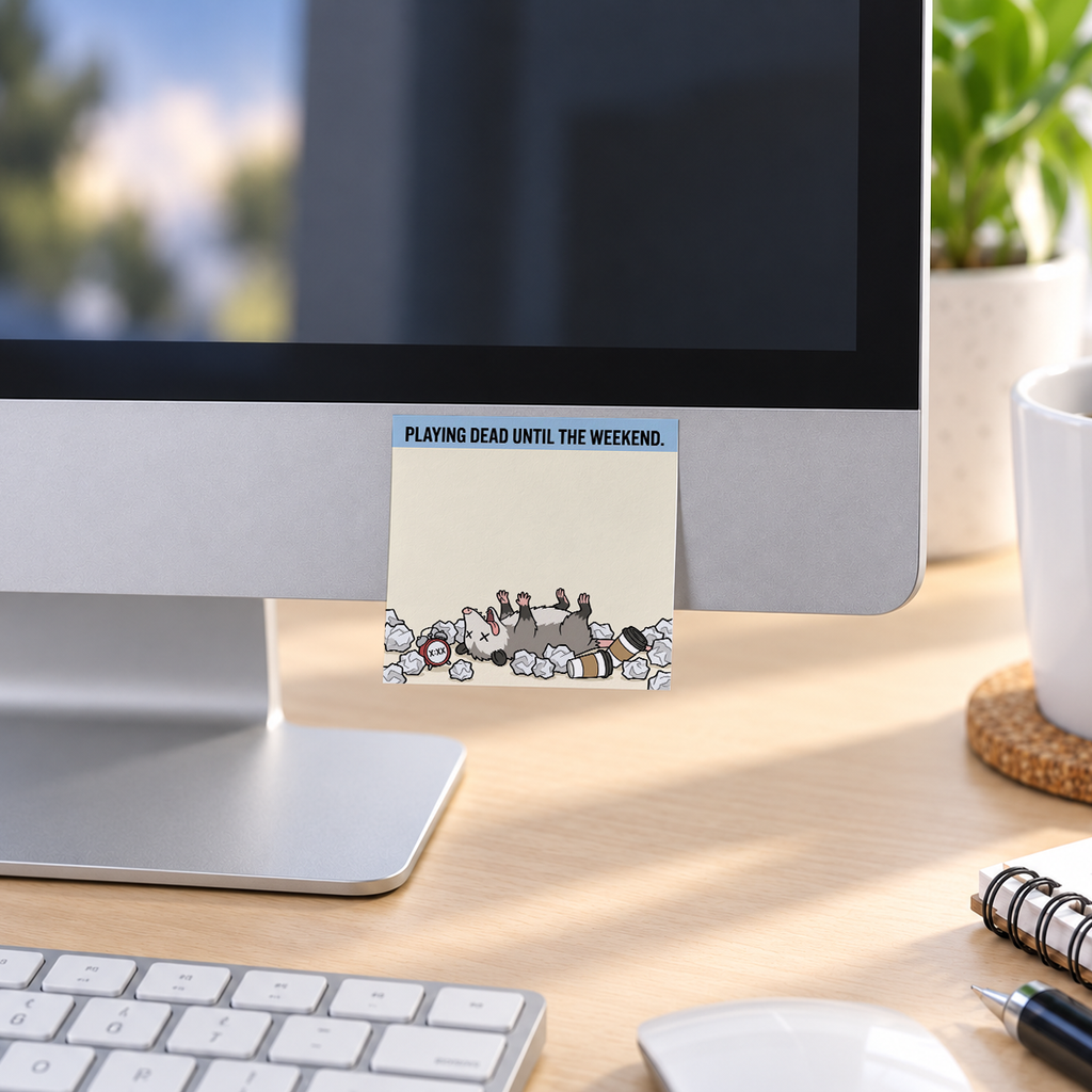 Playing Dead Opossum memo pad in an office or home workspace