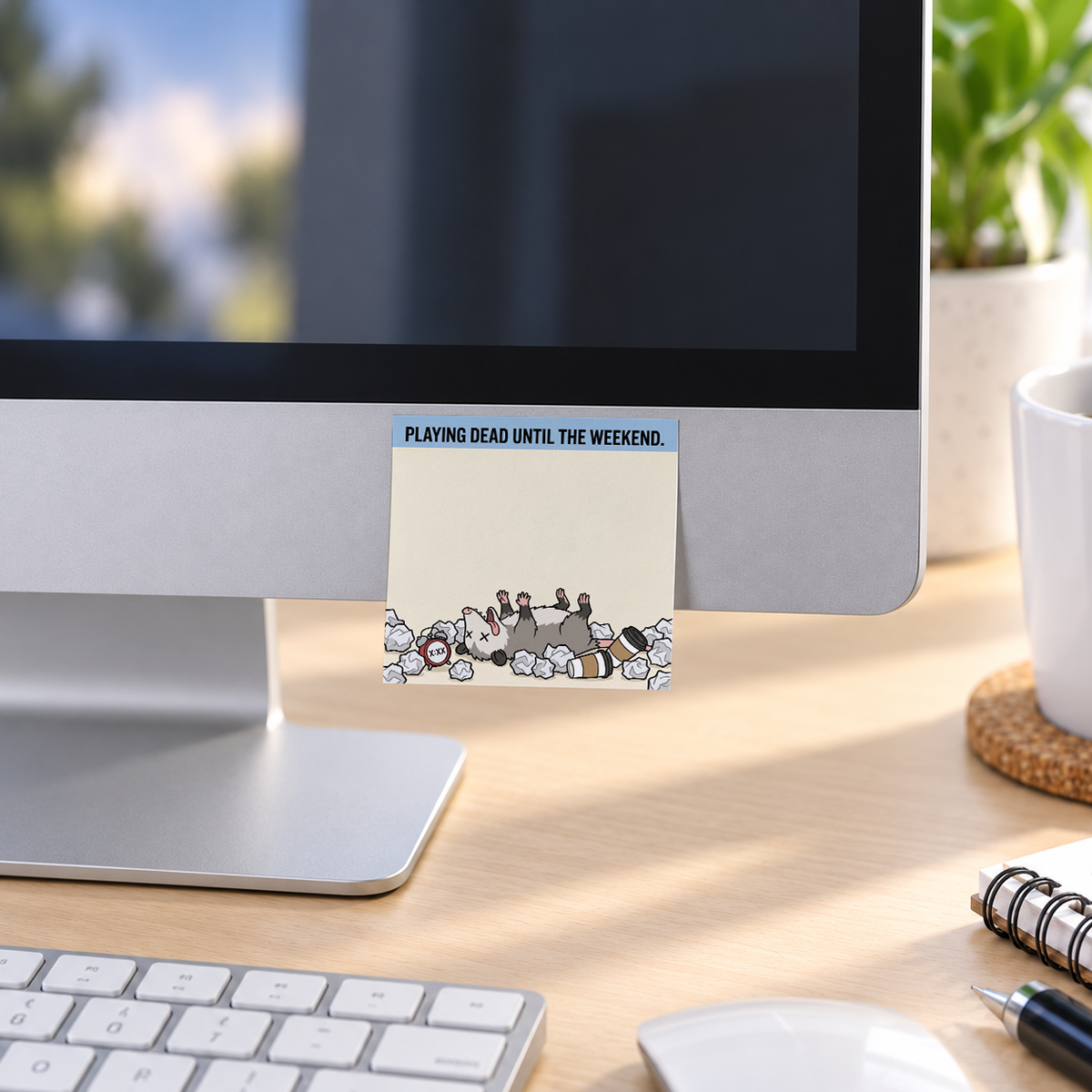 Playing Dead Opossum memo pad in an office or home workspace