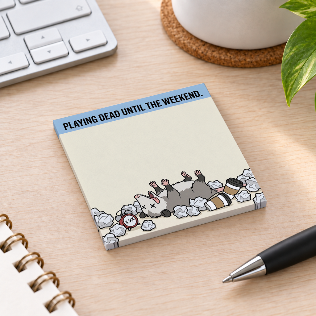 Close-up of Playing Dead Opossum sticky note design and writable area